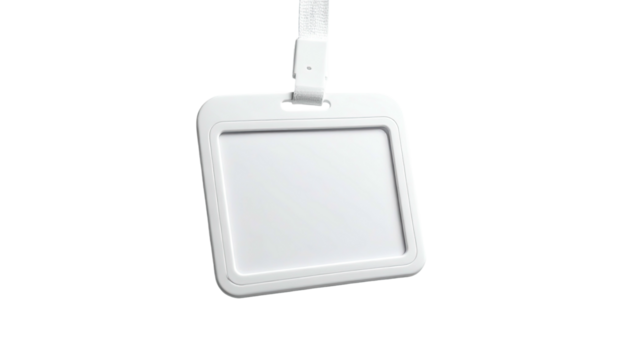 White blank ID card hangs from a lanyard, against black