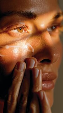 Primer&iacute;simo primer plano de un rostro con los ojos cerrados mientras una persona se aplica crema en la zona del contorno de ojos. La luz c&aacute;lida resalta la textura natural de la piel.