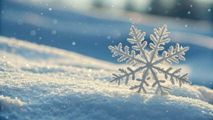 Frozen snowflake resting on soft powder snow with blurred christmas landscape in serene winter blue tones