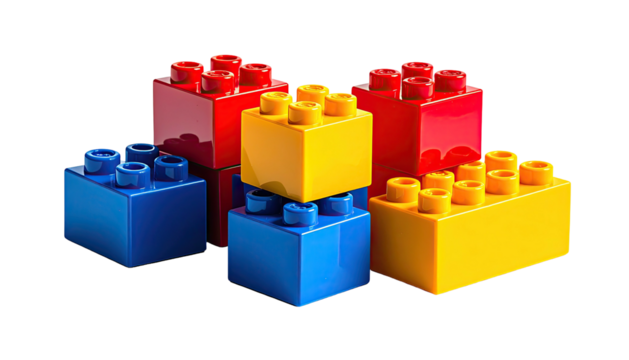 Colorful, stacked construction toy bricks on black background
