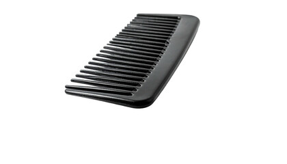 Angled black comb with curved teeth, against dark background