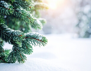 Cold christmas winter snow covers pine branch. Evergreen tree forest nature provides tranquil serene background with daylight glow. Festive holiday mood brings peaceful joy