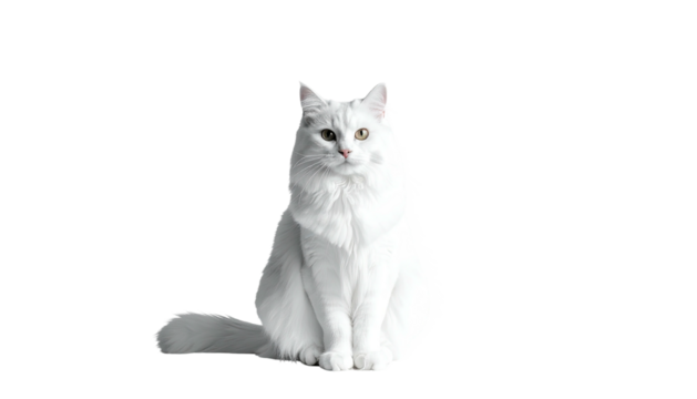 Elegant white long-haired cat seated against a dark backdrop