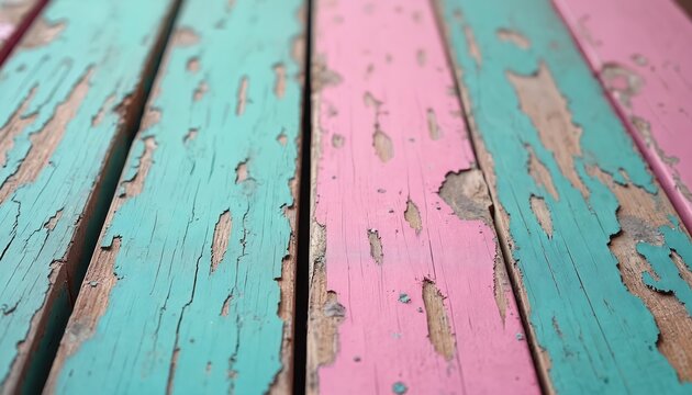 Close-up of weathered wooden planks with peeling pink and teal paint. The rough texture shows aged wood grain, creating a rustic, aged, and distressed background for design or art. - Powered by Adobe