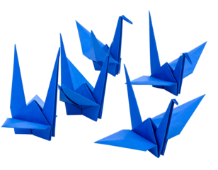 Close-up of four paper cranes in varying positions, crafted from brilliant blue origami paper against black