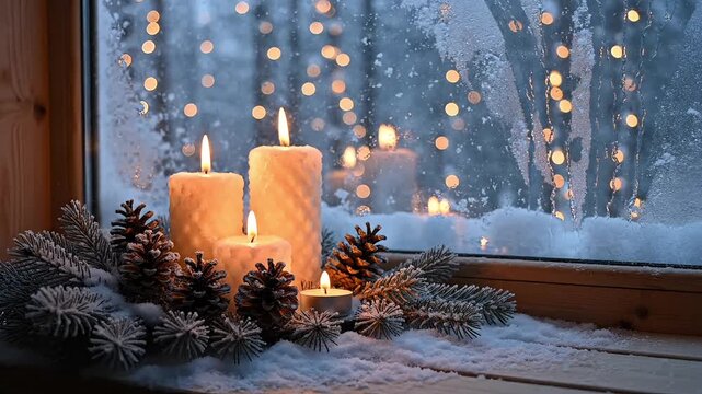 Cozy winter window with glowing candles and festive lights, creating a warm and peaceful holiday atmosphere.