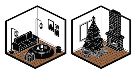 Isometric christmas living room interior design vector illustration