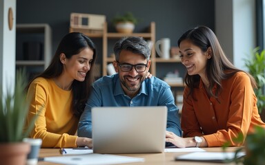 Indian team working together on a laptop in an office environment. High quality