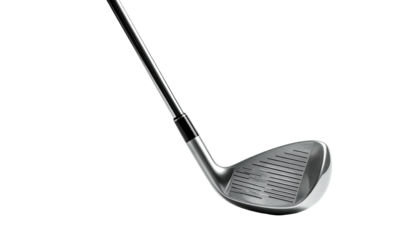 Silver golf iron, head slightly angled, isolated on black background