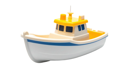 White toy boat with yellow cabin, against a black background