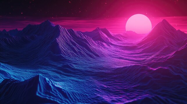 Synthwave landscape with neon pink sun over retro digital mountains