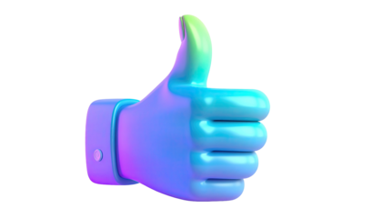 Holographic thumbs-up icon on a black background