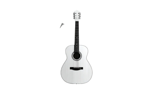 White classical acoustic guitar on black background, centered