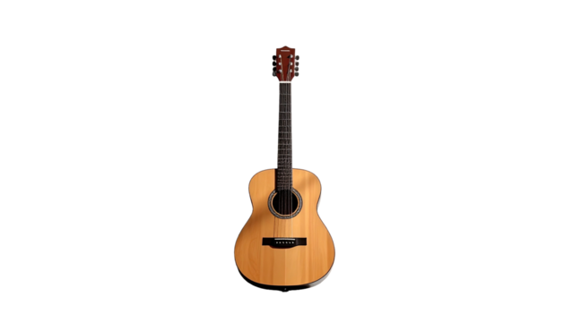 Acoustic guitar, wood grain, centered. Black background