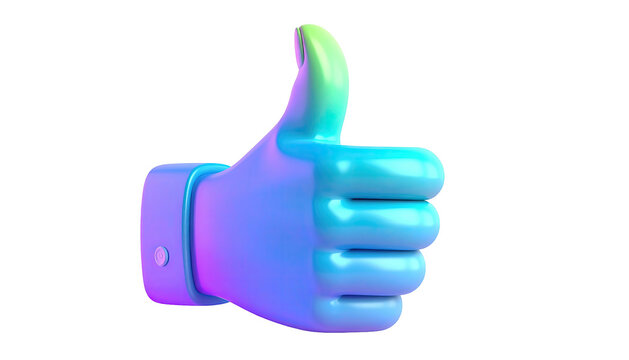 Holographic thumbs-up icon on a black background