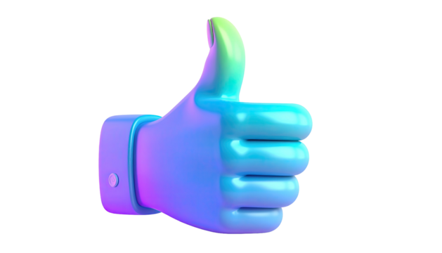 Holographic thumbs-up icon on a black background