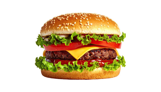 Delicious-looking hamburger with lettuce, tomato, and cheese