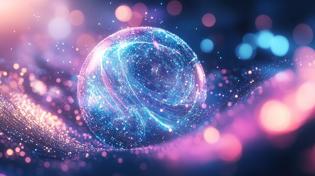 Glowing sphere creating abstract network of particles and light - Powered by Adobe