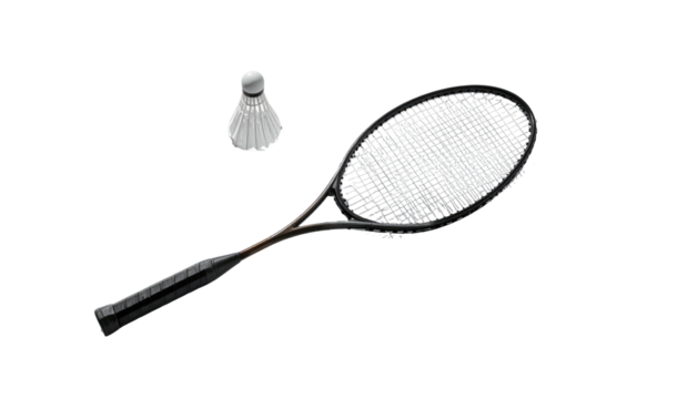 Badminton racquet and shuttlecock, isolated on a dark background
