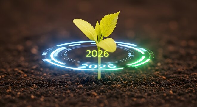Young plant sprouts from soil with glowing futuristic digital ring displaying the year 2026