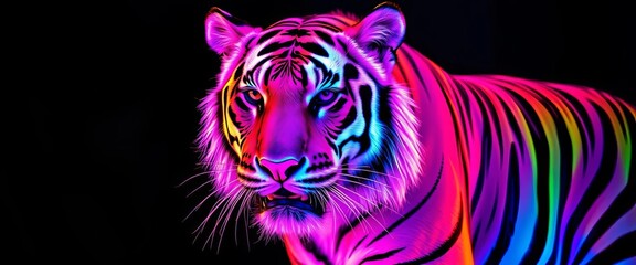 Bright neon tiger with glowing stripes, vibrant pink and blue fur,  eye-catching,  animal