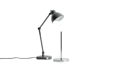 Metal lamp with adjustable arm sits on surface in dark space