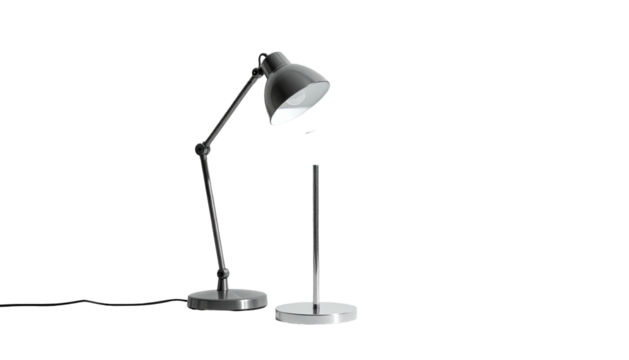Metal lamp with adjustable arm sits on surface in dark space