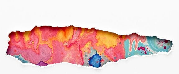 Rough, irregular edges of torn white paper reveal layered texture beneath,  ragged,  surface