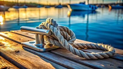 a serene view of a harbor at sunset focusing on a weathered rope tied to a stainless steel cleat on a wooden dock