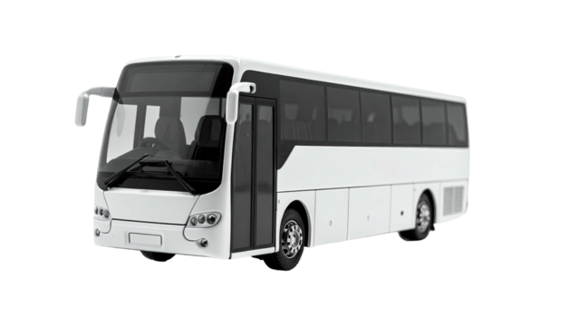 Clean, all-white bus angled with sleek lines, dark windows