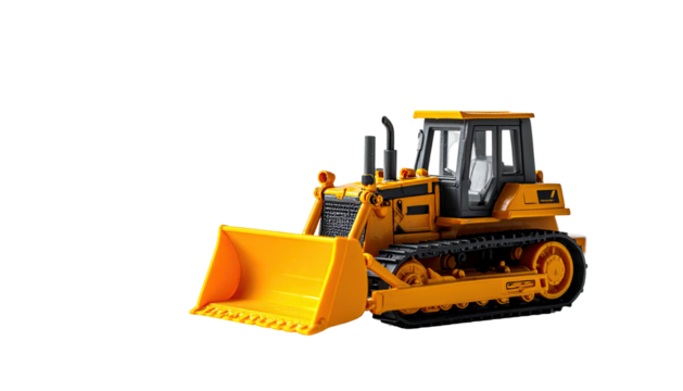 Yellow bulldozer toy with black tracks on black background