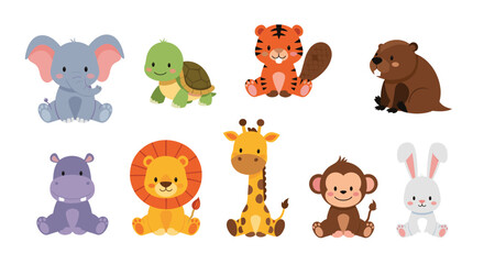 Obraz premium Cute cartoon animals collection sitting and smiling on white background.