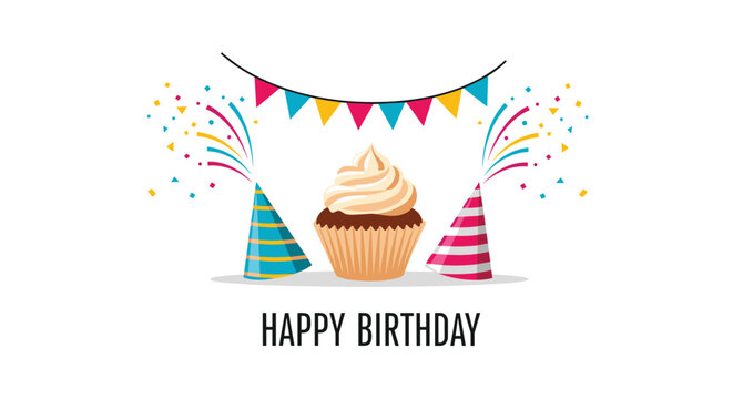 Birthday cupcake with party hats and colorful confetti.