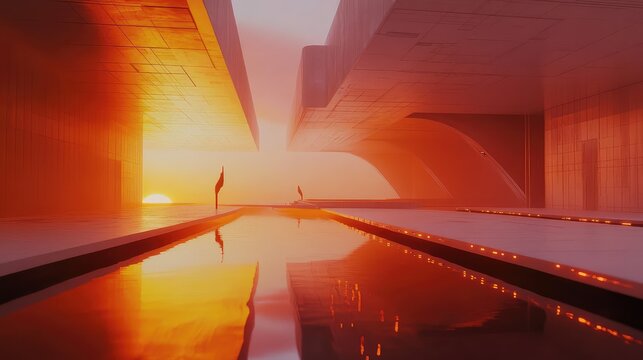 Futuristic city architecture reflecting golden sunset light