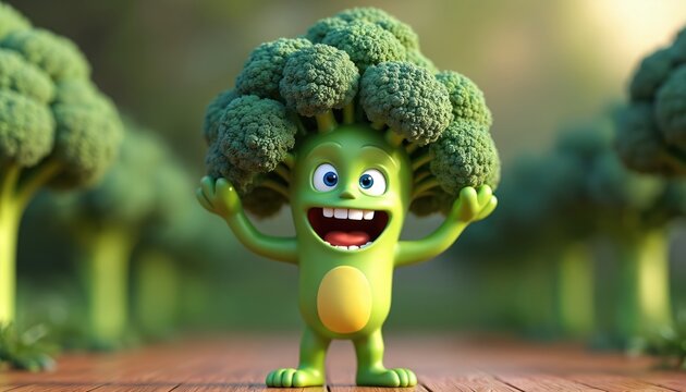 Joyful cartoon broccoli character stands with arms up in green garden. This happy vegetable mascot smiles widely. Its head is broccoli crown, body is green. Fun, quirky, playful, healthy food concept.