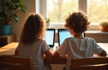 Two kids, boy, girl, focus intently on their laptops. They sit together at wooden table, bathed in warm sunlight streaming from window. Scene suggests remote learning or shared educational activity.
