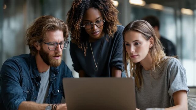 Diverse group of businesspeople collaborating on a laptop in a modern office space during a brainstorming session in the afternoon - Powered by Adobe