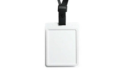 Blank white identification badge hangs on black lanyard
