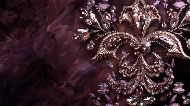Ornate fleur-de-lis crystal brooch on abstract purple background