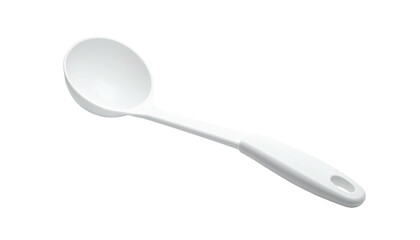 White plastic ladle resting diagonally on a black background