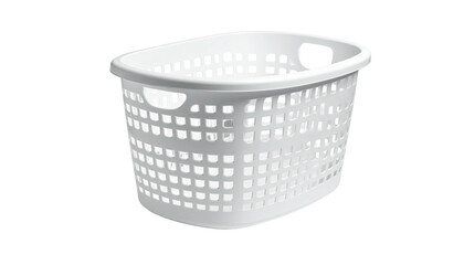 White, oval, perforated plastic laundry basket with handle holes