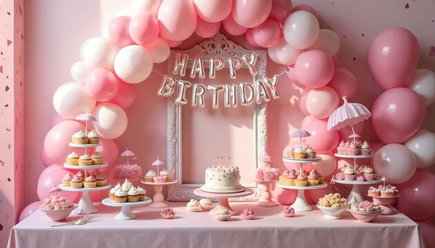 Pink, white balloons frame festive birthday party table. Sweet treats like cupcakes, cake arranged on stands. Happy Birthday foil letters hang above decorated frame. Cute setup for girls party.