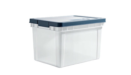 Clear plastic storage box with navy lid on black background