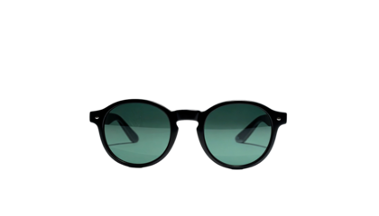 Round, black-rimmed sunglasses with gradient green lenses