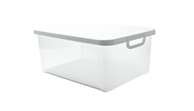 Simple, clear plastic box with a light gray lid