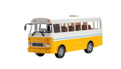 Yellow/white passenger bus with visible interior on black background