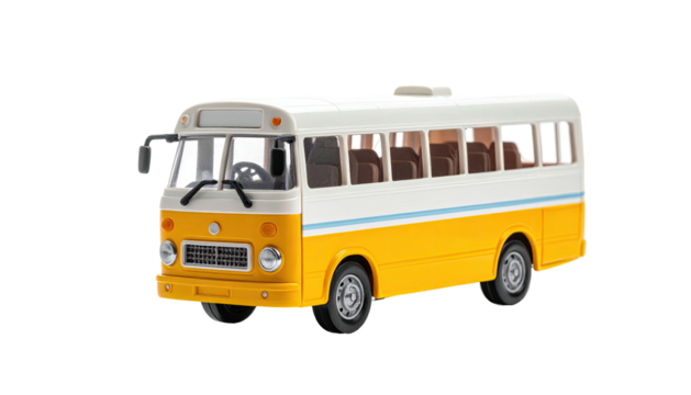 Yellow/white passenger bus with visible interior on black background