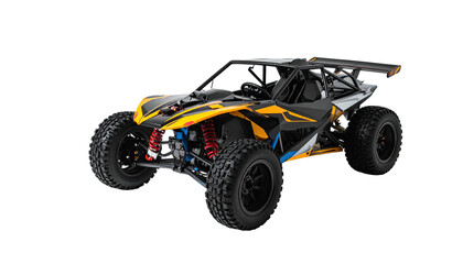 Dune buggy; yellow accents on black, aggressive styling