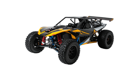Dune buggy; yellow accents on black, aggressive styling