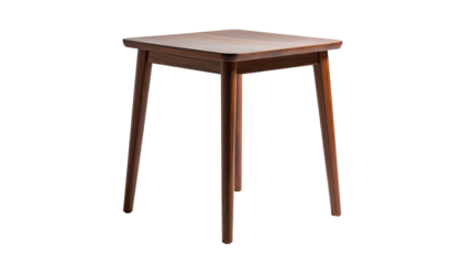 Small, square wooden side table with four tapered legs on black